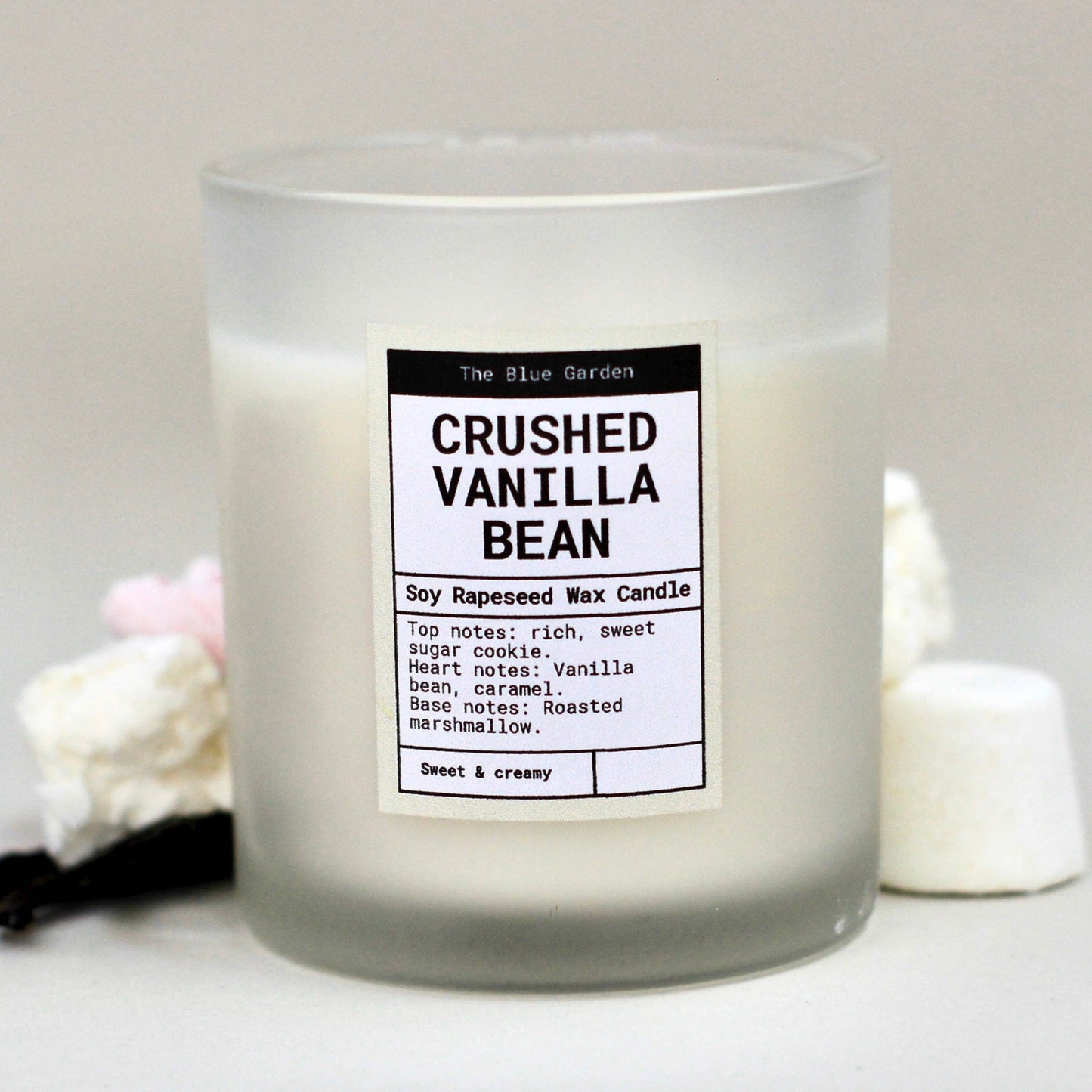 Crushed vanilla bean scented soy candle by the blue garden hull hand poured by artisans in Yorkshire