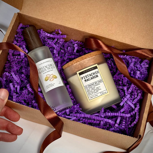 Christmas gift box with pistachio scented candle and pistachio room spray