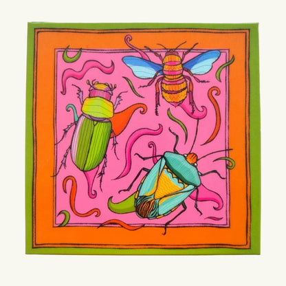 Colorful illustration of beetles on a pink background with an orange border