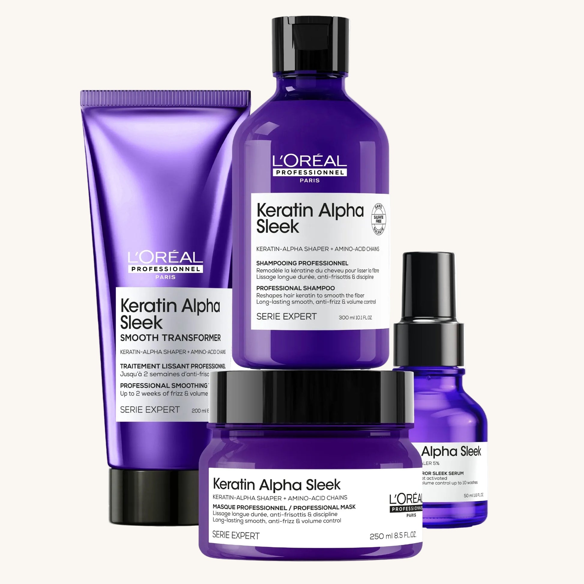 L'Oreal professionnel, NEW Keratin Alpha Sleek hair care product set on a white background