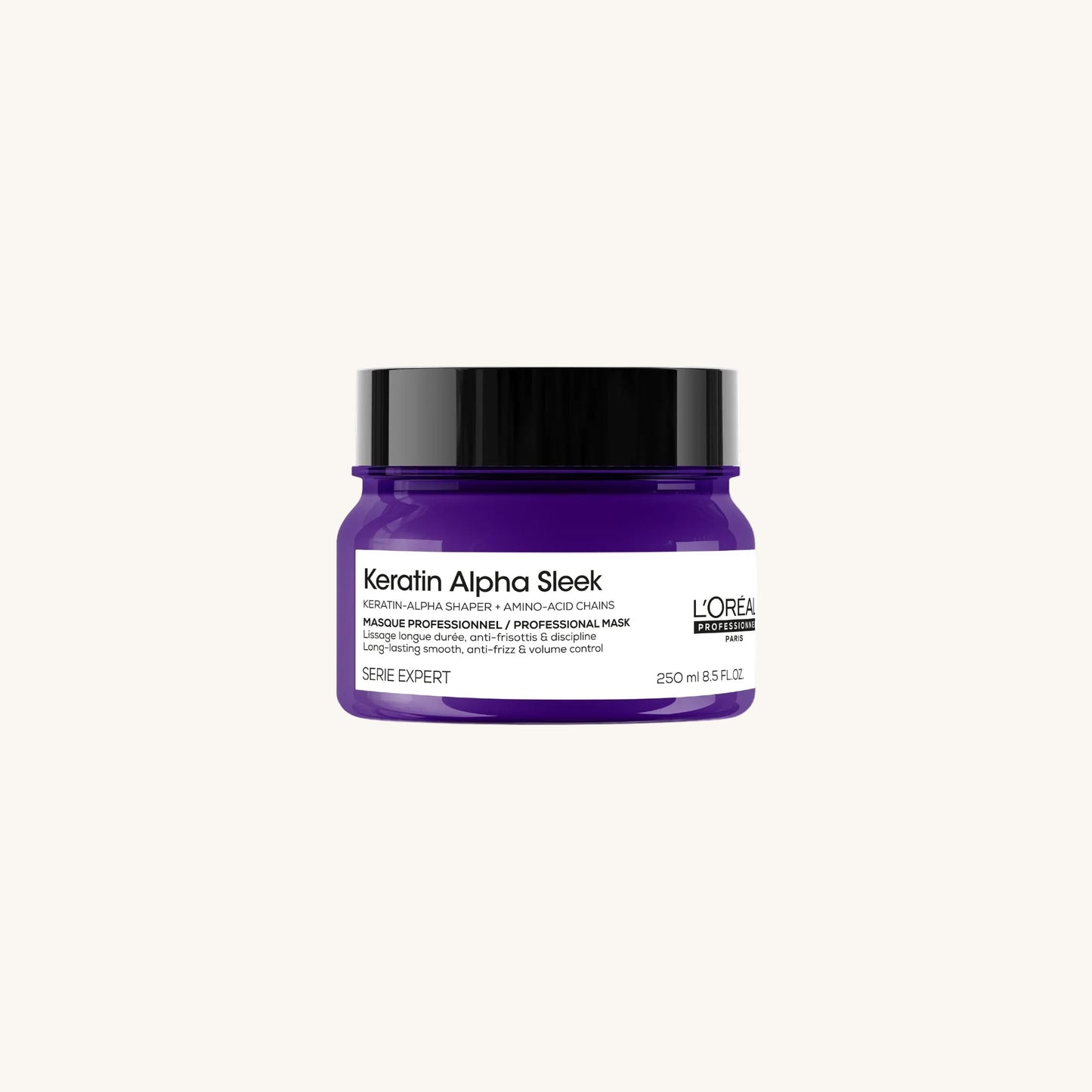 Purple jar of L'Oreal Keratin Alpha Sleek on a white background
