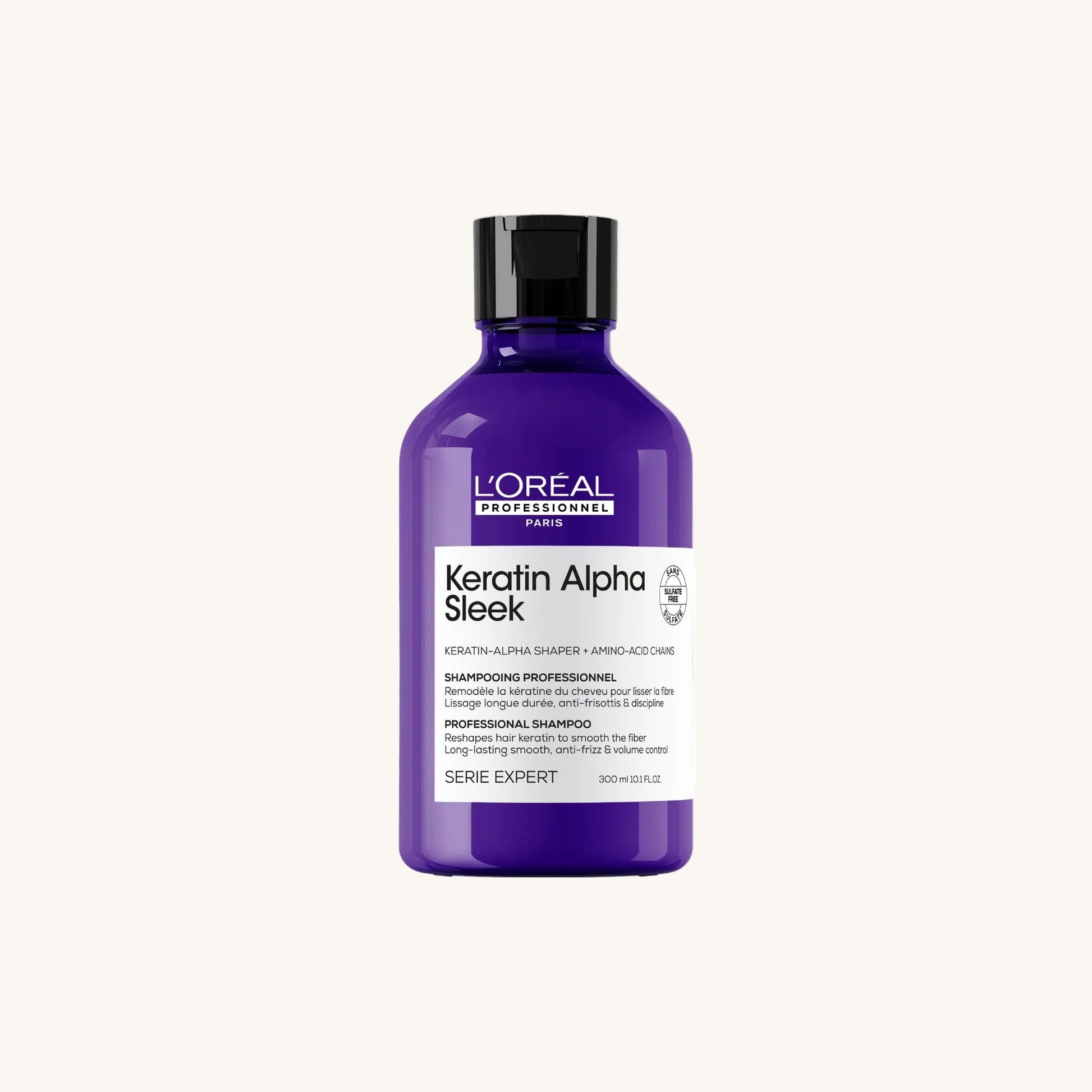 L'Oreal Keratin Alpha Sleek shampoo bottle on a white background