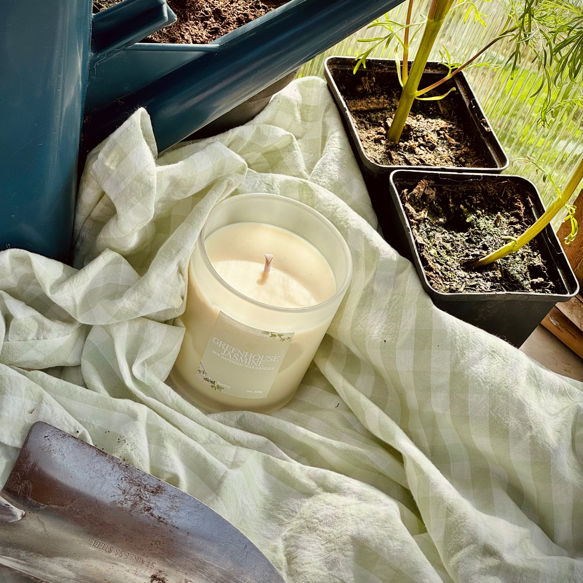 scented soy candle labeled 'Greenhouse Jasmine' on a wooden surface with plants in the background and greenhouse tools