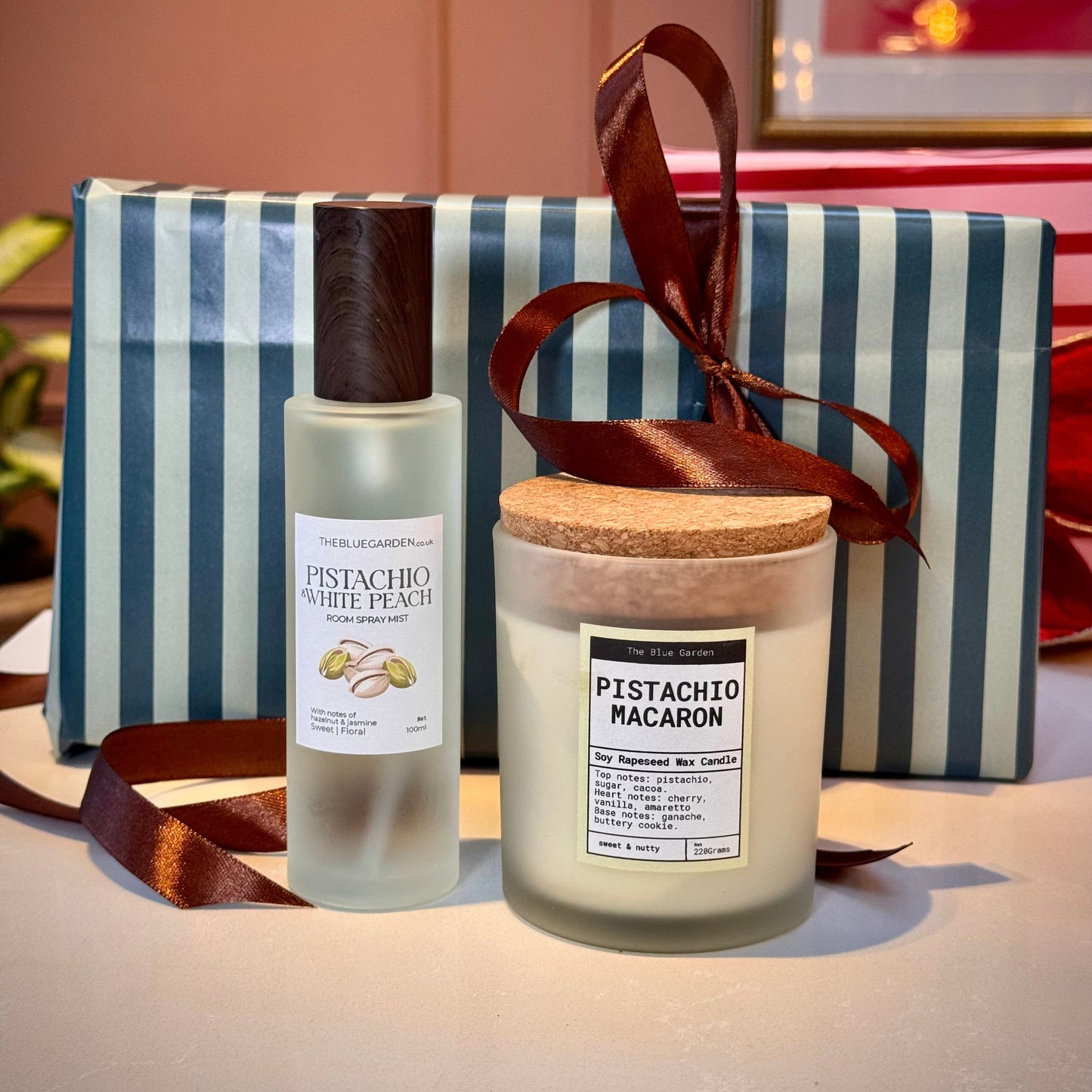 pistachio scented soy candle and room spray in a luxury gift wrapped set
